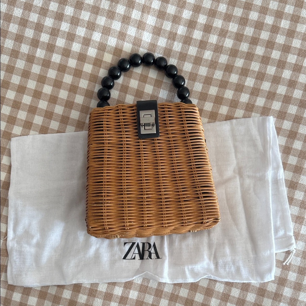 Zara Tan Woven Rattan Mini Bag with Black Bead Handle